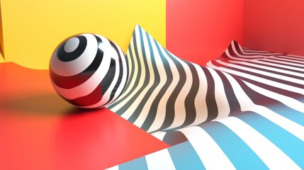 Wall Mural - abstract 3d render of a black and white sphere on a wavy striped surface with yellow and red backgro