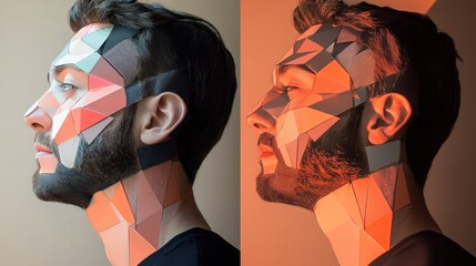 Wall Mural - low-poly geometric portrait of a man's face, shown in profile view with two different color palettes