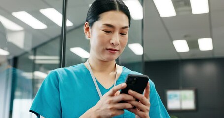 Poster - Woman, phone and nurse typing in clinic for healthcare update, telehealth results or research online in Japan. Asian person, mobile or medical professional with news, wellness email or reading report
