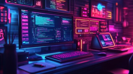 Futuristic programmer's workspace with vibrant neon lighting, multiple monitors displaying code and data.