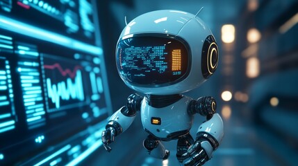 Futuristic robot analyzes data on a digital screen.