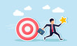 © B Design - A businessman carrying a star runs while chased by a rolling target board, illustration of being pursued by targets in designing a strategy to improve business quality ratings