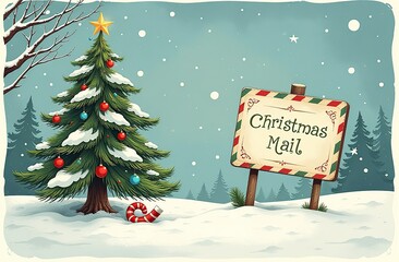 Wall Mural - Postcard, Christmas mail with tree, hand drawn illustration.