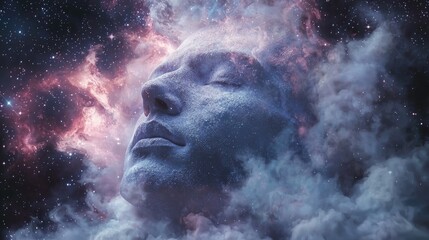 Wall Mural - man's face surrounded by fog against the backdrop of the universe. in esoteric style