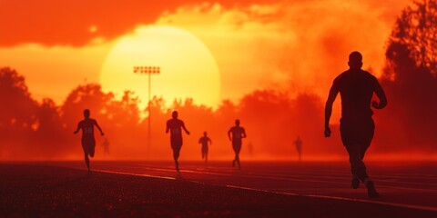 Poster - Runners silhouetted against a vibrant sunset on a track, capturing the essence of determination.