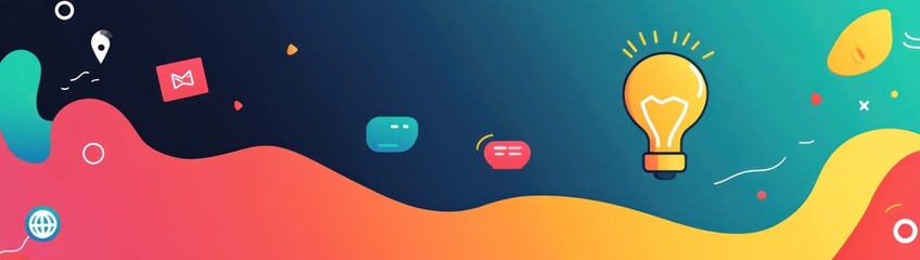 Fototapete - A colorful graphic featuring a light bulb, chat bubbles, and abstract shapes for creative inspiration.