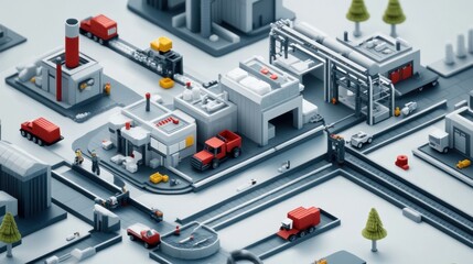Fototapete - A miniature industrial complex with trucks, buildings, and infrastructure in a stylized layout.