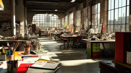Poster - A vibrant creative workspace filled with art supplies and natural light.