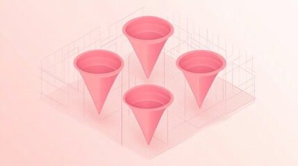 Fototapete - A minimalist graphic featuring four pink cones arranged in a grid on a light background.