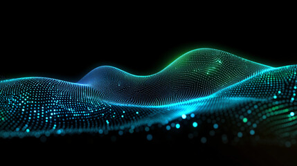 An abstract gradient hologram dynamic wave of Futuristic network of green glowing connections. particles on a black background. Digital sound, music, or futuristic wallpaper technology background.