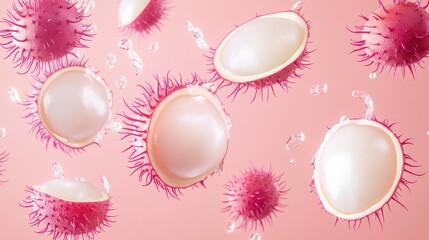 Aufkleber - A vibrant arrangement of pink and white spherical objects with spiky textures on a pastel background.