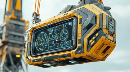 Fototapete - A futuristic control panel suspended from a crane, displaying various data and metrics.