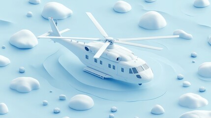 Fototapete - A stylized, minimalist helicopter model set against a soft blue background with rounded shapes.