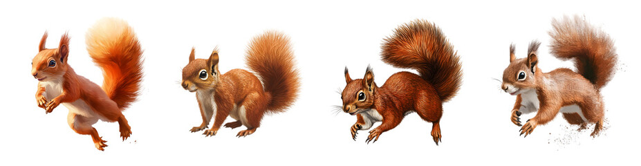 four cute squirrels in different poses, showcasing their playful nature and fluffy tails.