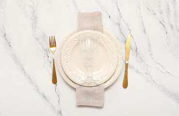 Wall Mural - Beautiful table setting on white grunge background