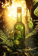 Wall Mural - A green glass bottle surrounded by lush foliage in a sunlit forest.