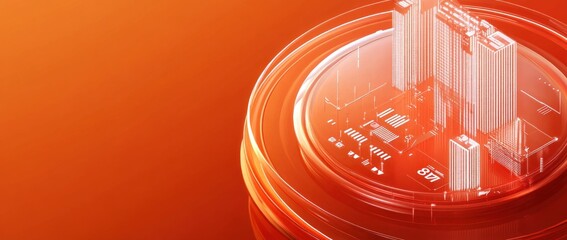 Aufkleber - A futuristic digital cityscape rendered in orange tones, symbolizing technology and innovation.