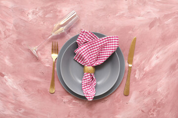 Wall Mural - Beautiful table setting on pink grunge background