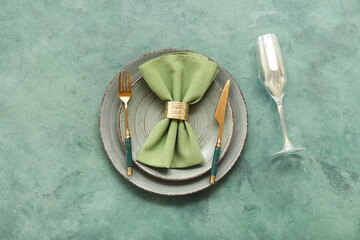 Wall Mural - Stylish table setting on turquoise grunge background