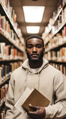 Aufkleber - A person stands in a library aisle holding a book, surrounded by shelves of books.