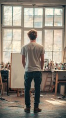 Poster - A person stands in an art studio, contemplating a blank canvas surrounded by creative tools.