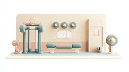 Wall Mural - A stylized gym interior featuring workout equipment and a minimalist design.