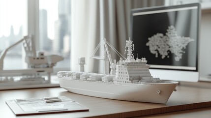 Poster - A desk scene featuring a ship model and a computer displaying a city map.