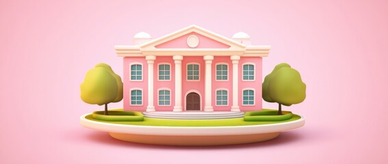 Leinwandbilder - A whimsical pink building with trees on a circular base, evoking charm and playfulness.
