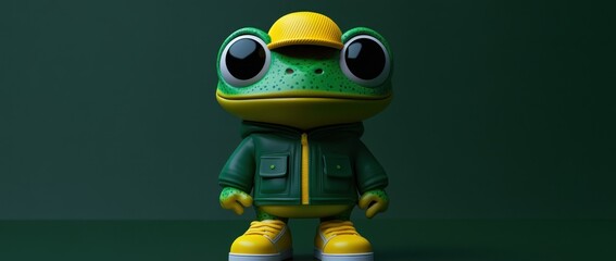 Leinwandbilder - A cartoon frog character wearing a yellow cap and green jacket stands against a dark background.
