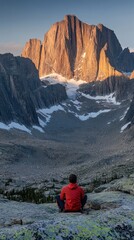 Fototapete - A person in a red jacket gazes at a majestic mountain landscape at sunset.