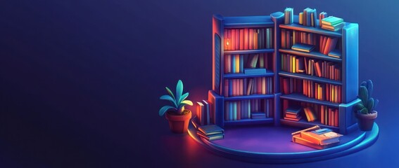 Aufkleber - A colorful, cozy library scene with books, plants, and warm lighting.