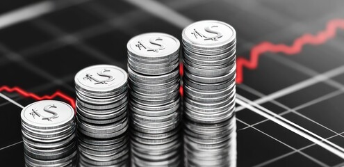 Aufkleber - Stacked coins on a financial chart with a rising trend line.