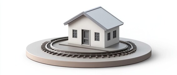 Poster - A model house situated on a circular train track, symbolizing a playful blend of home and transport.