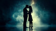 © Lyudmila Finkel - Silhouettes of a couple kissing in the rain, dark sky with faint lightning in the distance, wet reflective ground, Nikon Z7, f/1.8, 35mm, A couple embraces tenderly in the rain, sharing a kiss.