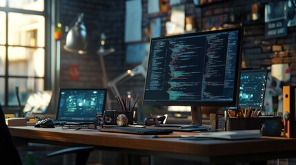 Aufkleber - A modern workspace featuring multiple screens displaying coding and tech tools.