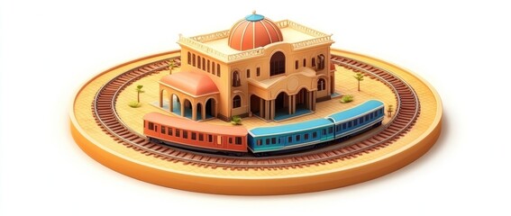 Poster - A stylized train station model with two colorful trains on a circular track.
