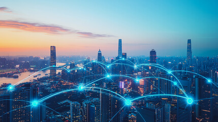 smart digital innovation city with connection network reciprocity over the cityscape. of future smar