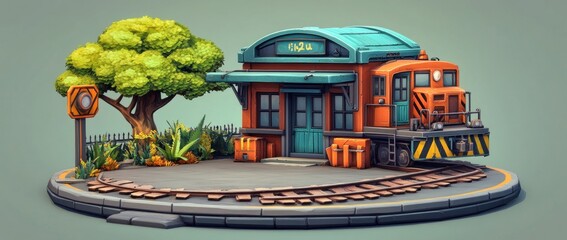 Poster - A colorful train station model with a tree and surrounding plants, showcasing a playful design.