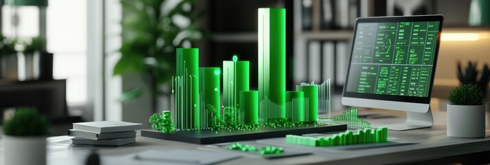 Aufkleber - A digital model of a green urban landscape displayed on a desk with a computer.