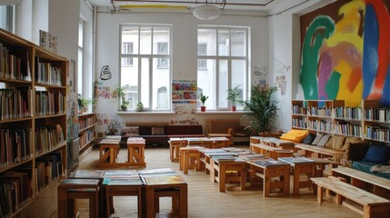 Aufkleber - Cozy library with wooden furniture, bookshelves, and colorful wall art for reading and relaxation.