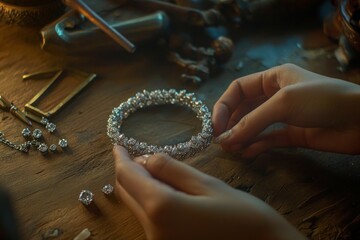 Aufkleber - A person assembling a sparkling jewelry piece on a wooden surface surrounded by tools.