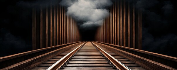 Wall Mural - A dimly lit railway track leads into a dark tunnel, flanked by wooden walls, creating an eerie and mysterious atmosphere.