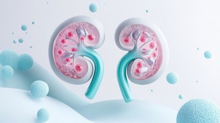 Poster - A stylized illustration of kidneys with cellular structures, highlighting biological functions.