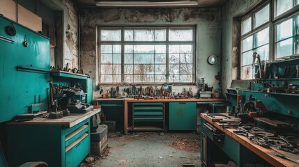 Aufkleber - An abandoned workshop filled with various tools and equipment, showcasing a creative workspace.