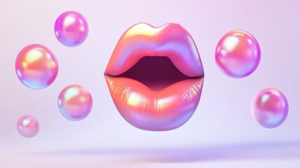 Fototapete - A stylized, glossy pair of lips surrounded by iridescent bubbles on a soft gradient background.