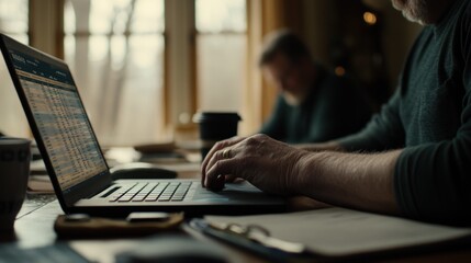 Aufkleber - A person working on a laptop with spreadsheets in a cozy indoor setting.