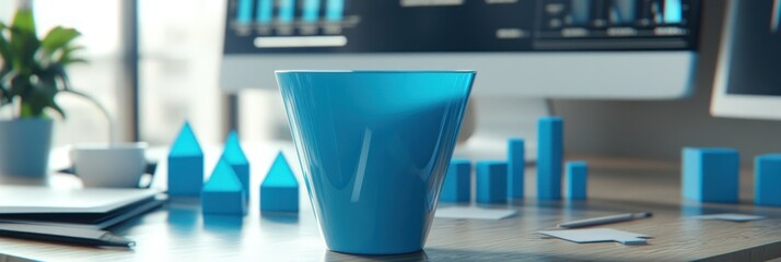 Poster - A blue cup sits on a desk surrounded by geometric shapes and a plant in a modern workspace.