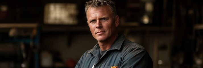 Aufkleber - A confident worker poses in a workshop, showcasing strength and dedication.