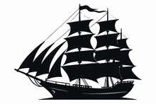Sailer boat ship silhouette vector style white background. Ship silhouette line art illustration isolated on white
