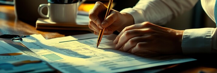 Aufkleber - A person writing notes on financial documents with a cup of coffee nearby.